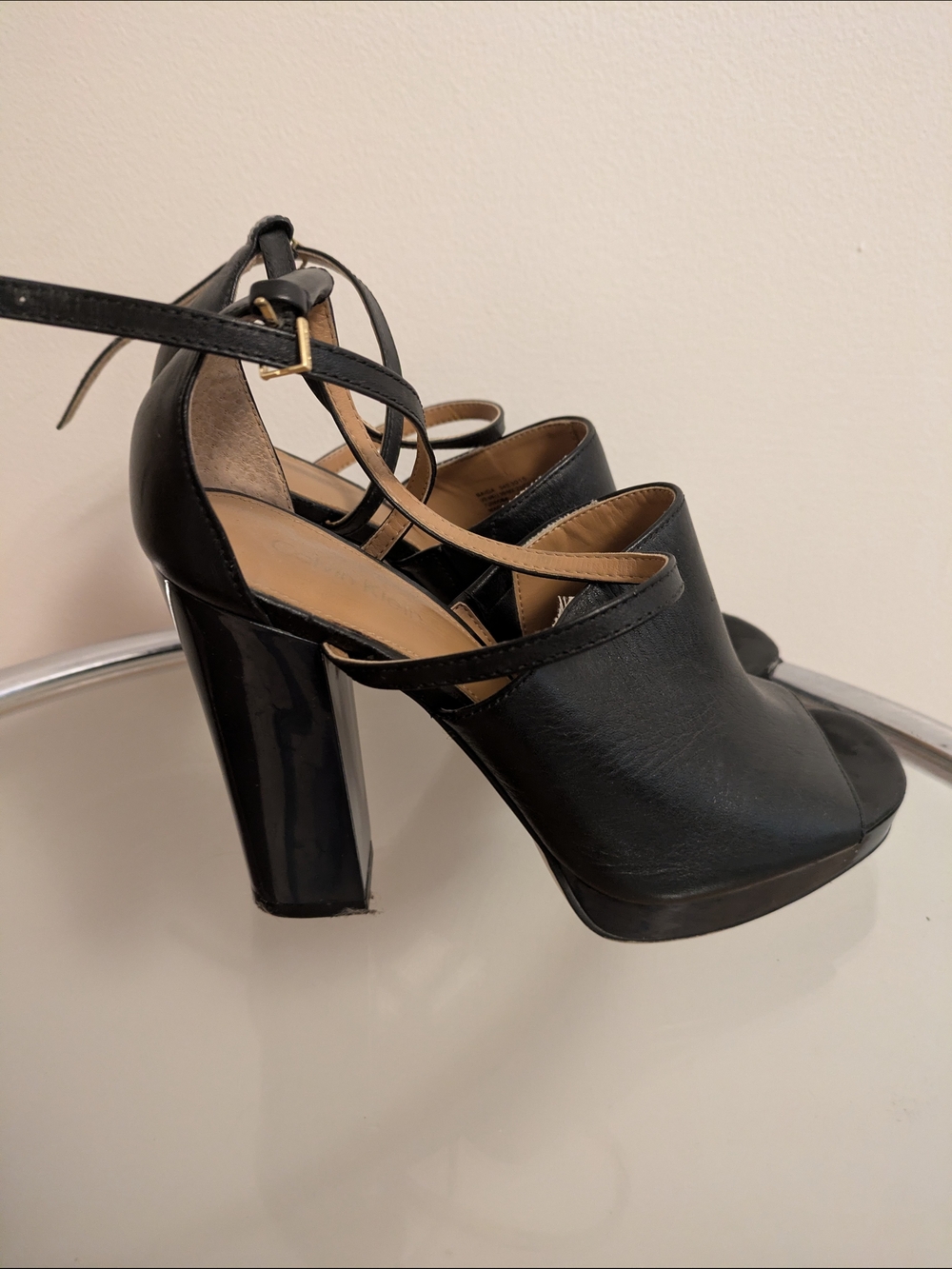 Calvin Klein Black Peep-Toe Block Heel Sandals with Ankle Strap
